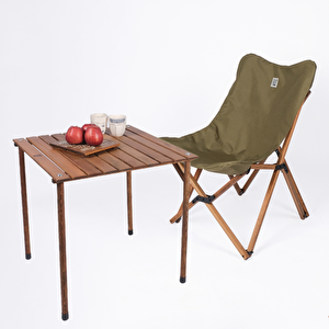 Bag The Joy Ahşap Katlanır Kamp & Bahçe Sandalyesi – Kahverengi Iskelet - Haki Kılıf