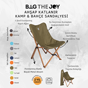 Bag The Joy Ahşap Katlanır Kamp & Bahçe Sandalyesi – Kahverengi Iskelet - Haki Kılıf