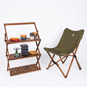 Bag The Joy Ahşap Katlanır Kamp & Bahçe Sandalyesi – Kahverengi Iskelet - Haki Kılıf