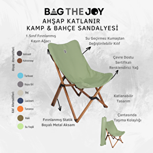 Bag The Joy Ahşap Katlanır Kamp & Bahçe Sandalyesi – Kahverengi Iskelet - Su Yeşili Kılıf