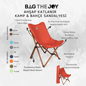 Bag The Joy Ahşap Katlanır Kamp & Bahçe Sandalyesi – Kahverengi Iskelet - Kiremit Kılıf