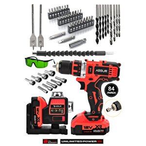 Profesyonel 12v Çift Akülü 12 Köşe 360° Lazer Hizalama & Akülü Vidalama 84 Parça Set