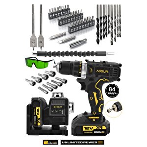 Profesyonel 12v Çift Akülü 12 Köşe 360° Lazer Hizalama & Akülü Vidalama 84 Parça Set