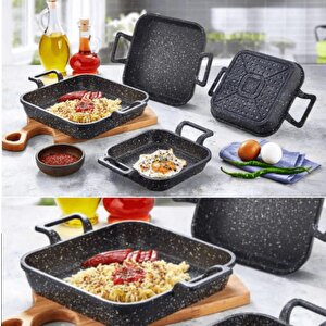 4 Lü Granit Kare Döküm Sahan Tava Seti Takımı - 18-20-22-24 Cm