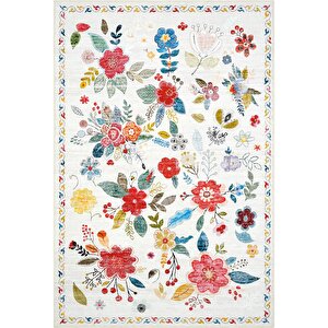 Daisy Beyaz Renkli Bohem Halı Yıkanabilen Çiçekli Dokuma Şönil Halı Vintage Ev Oda Halısı 100x200 cm