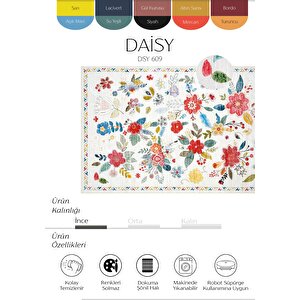 Daisy Beyaz Renkli Bohem Halı Yıkanabilen Çiçekli Dokuma Şönil Halı Vintage Ev Oda Halısı 100x200 cm
