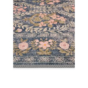 Cool Halı Daisy Kömür Mavi Bohem Halı Yıkanan Çiçek Desenli Dokuma Şönil Halı Otantik Vintage Halı