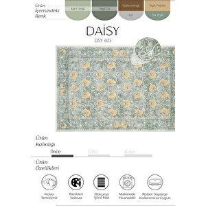 Daisy Mint Yeşili Yıkanabilir Çiçekli Bohem Dokuma Şönil Halı Rustik Tarz Vintage Halı 80x300 cm