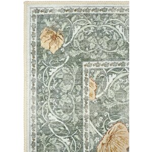 Daisy Mint Yeşili Yıkanabilir Çiçekli Bohem Dokuma Şönil Halı Rustik Tarz Vintage Halı 80x300 cm