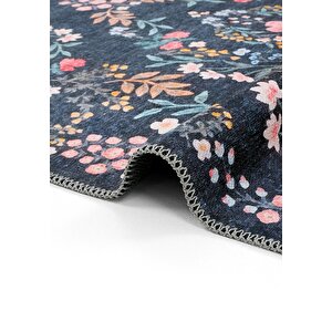 Cool Halı Daisy Gece Mavisi Bohem Halı Yıkanabilen Çiçekli Dokuma Şönil Halı Vintage Ev Oda Halısı