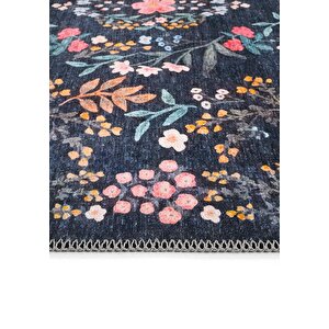 Cool Halı Daisy Gece Mavisi Bohem Halı Yıkanabilen Çiçekli Dokuma Şönil Halı Vintage Ev Oda Halısı