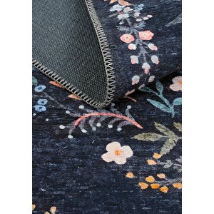 Cool Halı Daisy Gece Mavisi Bohem Halı Yıkanabilen Çiçekli Dokuma Şönil Halı Vintage Ev Oda Halısı