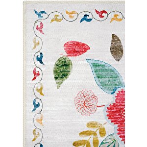 Daisy Beyaz Renkli Bohem Halı Yıkanabilen Çiçekli Dokuma Şönil Halı Vintage Ev Oda Halısı 120x180 cm