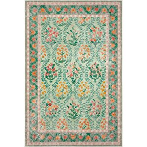 Daisy Su Yeşili Yıkanabilir Çiçekli Dokuma Şönil Halı Bohem Eskitme Vintage Oda Halısı 120x180 cm