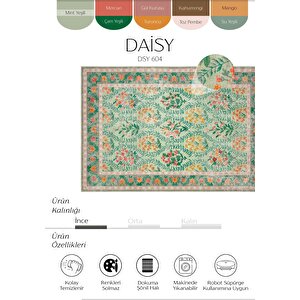 Daisy Su Yeşili Yıkanabilir Çiçekli Dokuma Şönil Halı Bohem Eskitme Vintage Oda Halısı 120x180 cm