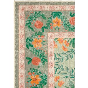 Daisy Su Yeşili Yıkanabilir Çiçekli Dokuma Şönil Halı Bohem Eskitme Vintage Oda Halısı 120x180 cm