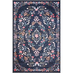 Daisy Gece Mavisi Bohem Halı Yıkanabilen Çiçekli Dokuma Şönil Halı Vintage Ev Oda Halısı 180x280 cm