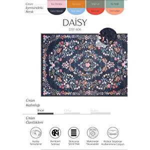 Daisy Gece Mavisi Bohem Halı Yıkanabilen Çiçekli Dokuma Şönil Halı Vintage Ev Oda Halısı 180x280 cm