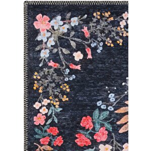 Daisy Gece Mavisi Bohem Halı Yıkanabilen Çiçekli Dokuma Şönil Halı Vintage Ev Oda Halısı 80x150 cm