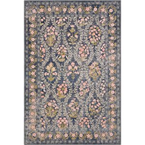 Daisy Kömür Mavi Bohem Halı Yıkanan Çiçek Desenli Dokuma Şönil Halı Otantik Vintage Halı 80x250 cm