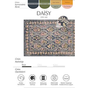 Daisy Kömür Mavi Bohem Halı Yıkanan Çiçek Desenli Dokuma Şönil Halı Otantik Vintage Halı 80x250 cm