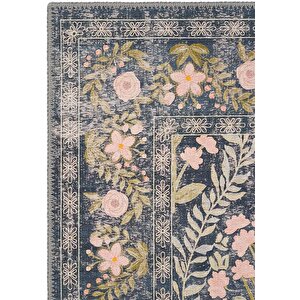 Daisy Kömür Mavi Bohem Halı Yıkanan Çiçek Desenli Dokuma Şönil Halı Otantik Vintage Halı 80x250 cm
