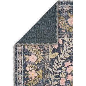 Cool Halı Daisy Kömür Mavi Bohem Halı Yıkanan Çiçek Desenli Dokuma Şönil Halı Otantik Vintage Halı