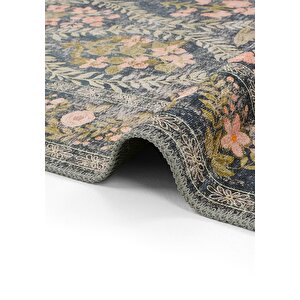 Cool Halı Daisy Kömür Mavi Bohem Halı Yıkanan Çiçek Desenli Dokuma Şönil Halı Otantik Vintage Halı