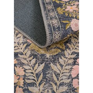 Cool Halı Daisy Kömür Mavi Bohem Halı Yıkanan Çiçek Desenli Dokuma Şönil Halı Otantik Vintage Halı