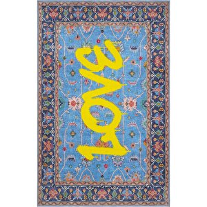 Daisy Mavi Halı Yıkanabilir Çiçekli Dokuma Şönil Halı Etnik Desen Vintage Ev Oda Halısı 160x230 cm