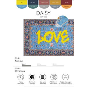 Daisy Mavi Halı Yıkanabilir Çiçekli Dokuma Şönil Halı Etnik Desen Vintage Ev Oda Halısı 160x230 cm