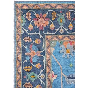 Daisy Mavi Halı Yıkanabilir Çiçekli Dokuma Şönil Halı Etnik Desen Vintage Ev Oda Halısı 160x230 cm