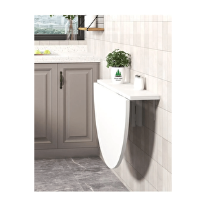 90x60cm Beyaz Mdf Yuvarlak Açılır Kapanır Duvara Monte Raf Masa Mutfak Masası