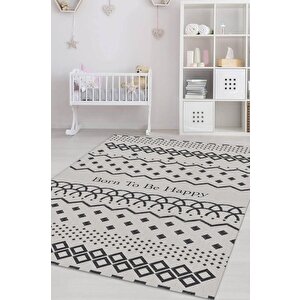 Mutlu Olmak İçin Doğdu Gri Renkli Çocuk Odası Halısı Minimal Çocuk Halıs Geometrik Halı 200x300 cm