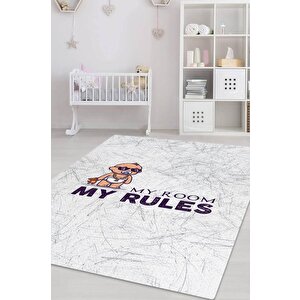 Benim Odam Benim Kurallarım Beyaz Renkli Çocuk Odası Halısı Minimal Halı Bebek Temalı Halı 200x300 cm