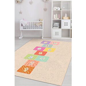 Seksek Bej Renkli Dokulu Çocuk Odası Halısı Dokuma Rustik Çocuk Halısı Sek Sek Temalı Halı 120x180 cm
