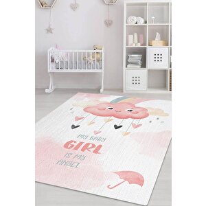 Melek Kızım Pembe Beyaz Renkli Çocuk Odası Halısı Minimal Çocuk Halısı Bebek Temalı Halı 100x150 cm