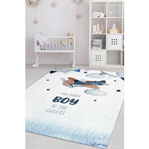 Tatlı Oğlum Beyaz Mavi Renk Çocuk Odası Halısı Dokuma Minimal Çocuk Halı Bebek Temalı Halı 100x150 cm