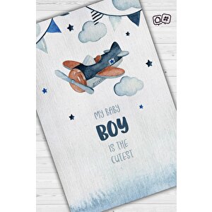 Tatlı Oğlum Beyaz Mavi Renk Çocuk Odası Halısı Dokuma Minimal Çocuk Halı Bebek Temalı Halı 100x150 cm