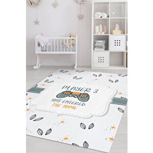 Üçüncü Oyuncu Geldi Beyaz Renkli Çocuk Odası Halısı Minimal Çocuk Halısı Bebek Temalı Halı 100x150 cm