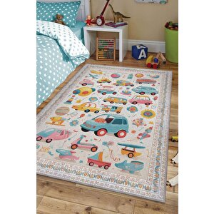 Çok Renkli Dokulu Çocuk Odası Halısı Dokuma Rustik Çocuk Halısı Araba Temalı Halı 100x150 cm