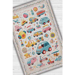 Çok Renkli Dokulu Çocuk Odası Halısı Dokuma Rustik Çocuk Halısı Araba Temalı Halı 120x180 cm
