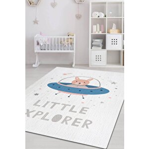 Minik Kaşif Beyaz Renkli Çocuk Odası Halısı Minimal Çocuk Halısı Bebek Temalı Halı 100x150 cm