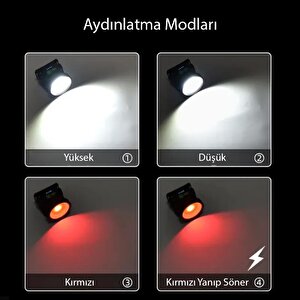 Cob Led Solar Kafa Lambası | Beyaz-kırmızı Işık | Type-c Şarjlı | Kompakt 73x77x55mm