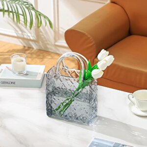 Çanta Vazo Köşeli Model Cam Çiçek Vazosu Dekoratif Antrasit Vazo Büyük Boy Glass Bag Vase
