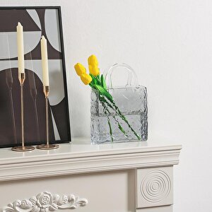 Çanta Vazo Köşeli Model Cam Çiçek Vazosu Dekoratif Antrasit Vazo Büyük Boy Glass Bag Vase