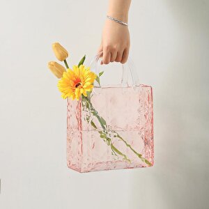 Çanta Vazo Köşeli Model Cam Çiçek Vazosu Dekoratif Pembe Vazo Büyük Boy Glass Bag Vase