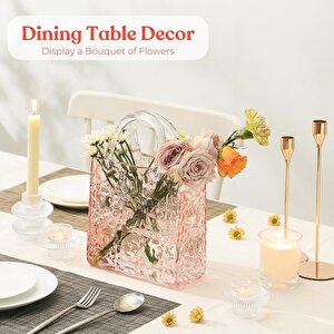 Çanta Vazo Köşeli Model Cam Çiçek Vazosu Dekoratif Pembe Vazo Büyük Boy Glass Bag Vase
