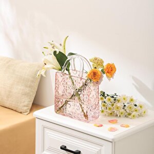 Çanta Vazo Köşeli Model Cam Çiçek Vazosu Dekoratif Pembe Vazo Büyük Boy Glass Bag Vase