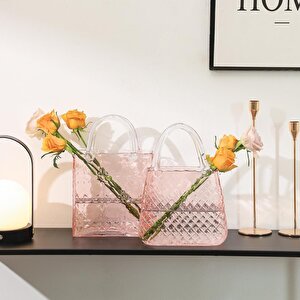 Çanta Vazo Köşeli Model Cam Çiçek Vazosu Dekoratif Pembe Vazo Büyük Boy Glass Bag Vase